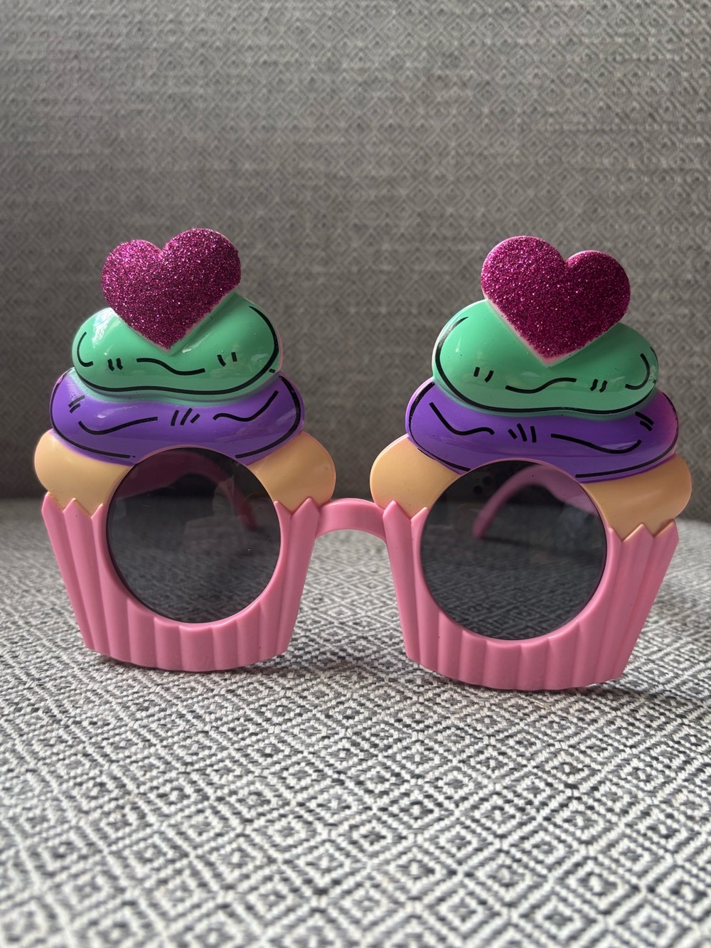 Pink, Purple, Teal Cupcake Party Sunglasses with Fuchsia Glitter Heart Topping